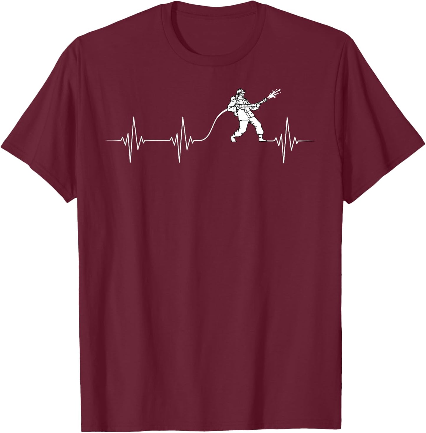 Cool Firefighter Fireman Apparel -Adults Black Firefighter Heartbeat Fireman Firefighting Rescuer Volunteer T-Shirt - T-Shirt | Maroon
