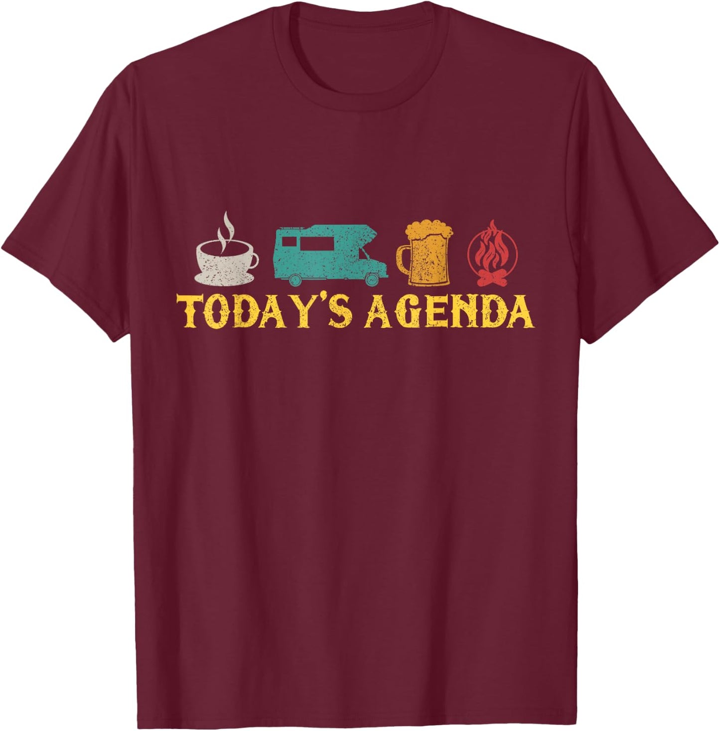 Motorhome, Camping, Road Trip, Coffee, Beer, Vintage T-Shirt - T-Shirt | Maroon