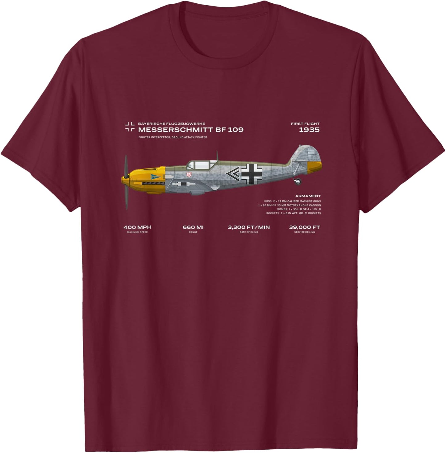 Vae Victis Messerschmitt Bf 109 WWII Airplane Historic War Bird Fighter T-Shirt - T-Shirt | Maroon