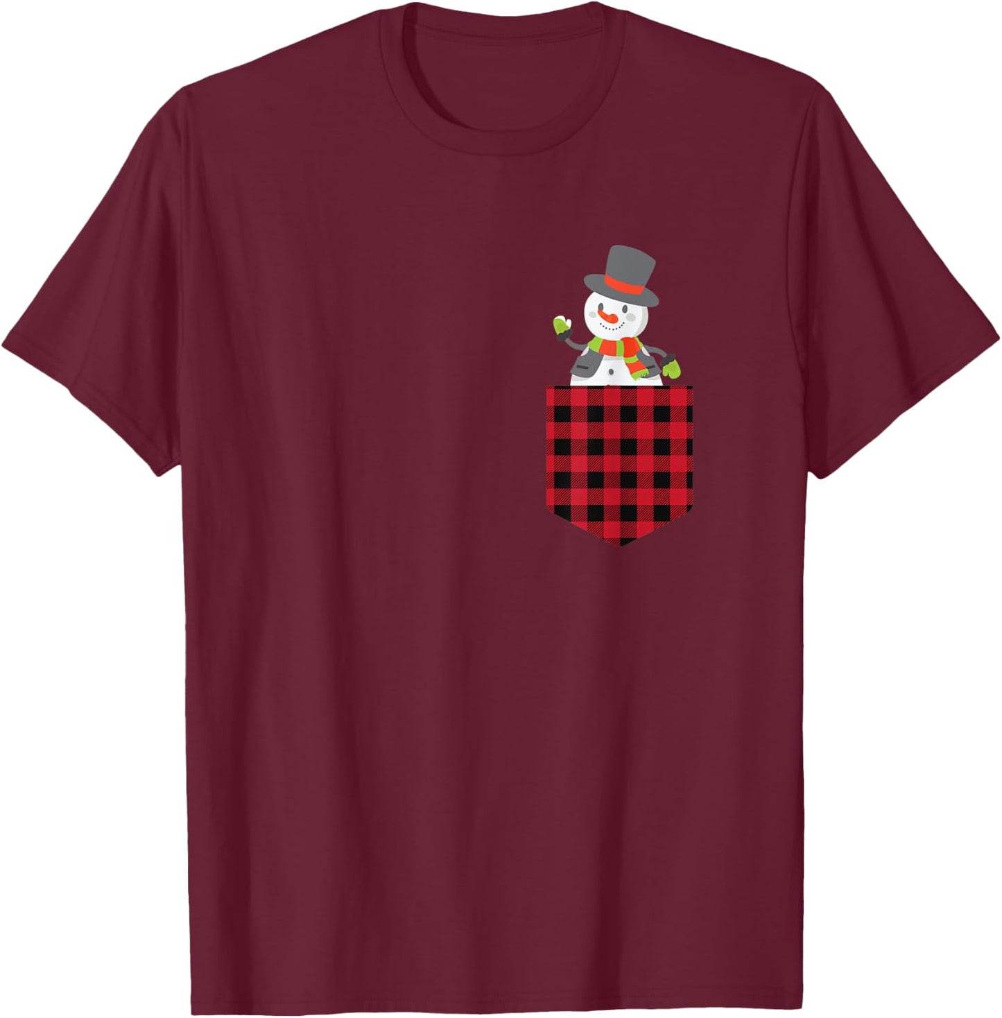 Cute Snowman Inside Buffalo Plaid Pocket Holiday Christmas T-Shirt - T-Shirt | Maroon