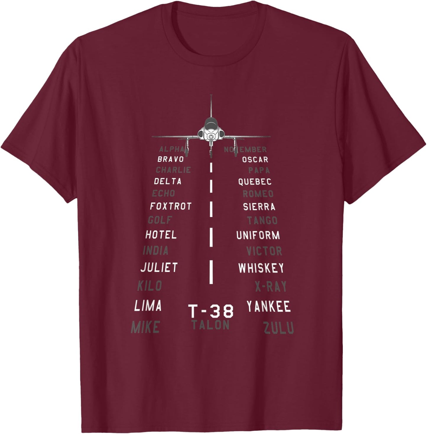 Aviation Phonetic Alphabet T-38 Talon Jet Airplane Pilot T-Shirt - T-Shirt | Maroon
