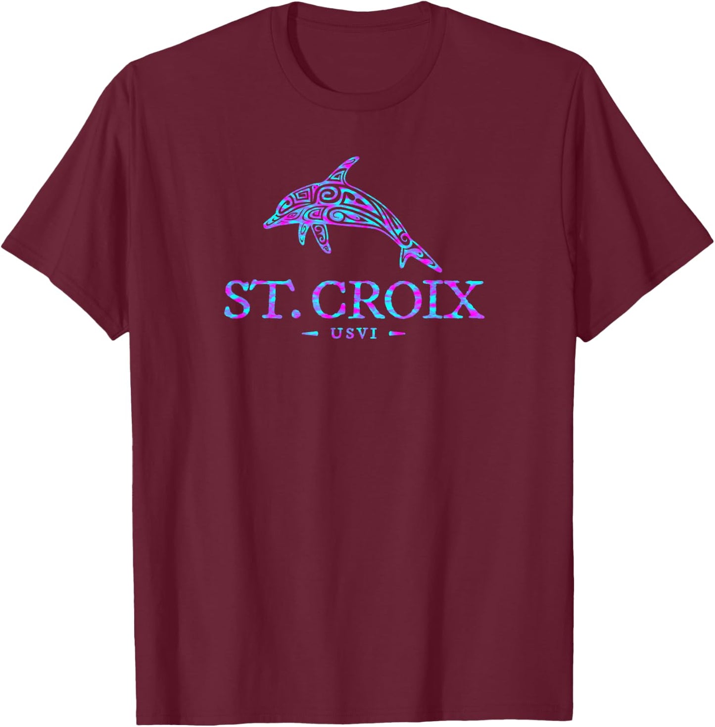 St Croix Dolphin Boys Girls Women Colorful Vacation Souvenir T-Shirt - T-Shirt | Maroon