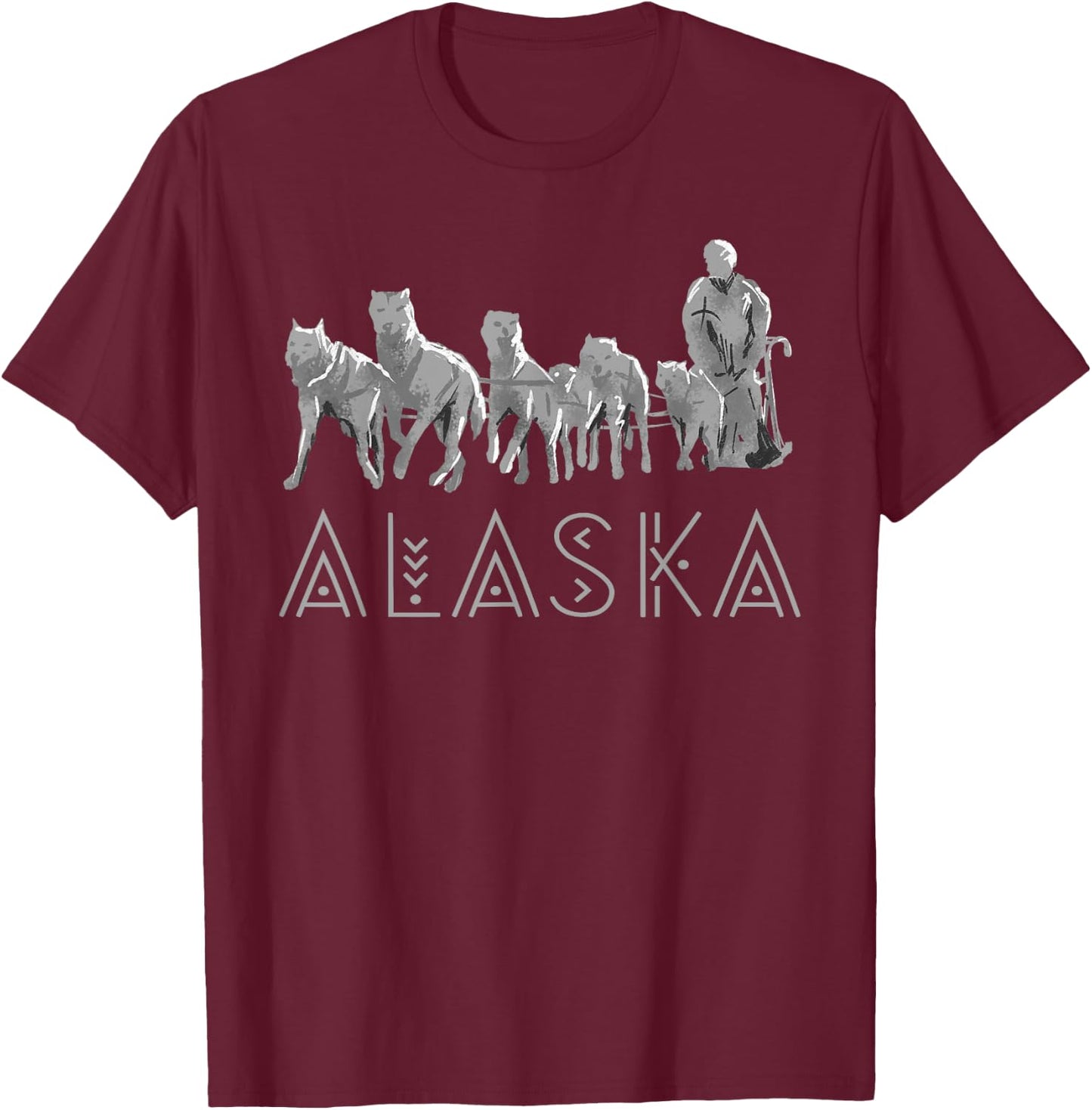 Alaska Sled Dogs Mushing Team Snow Sledding Mountain Scene T-Shirt - T-Shirt | Maroon