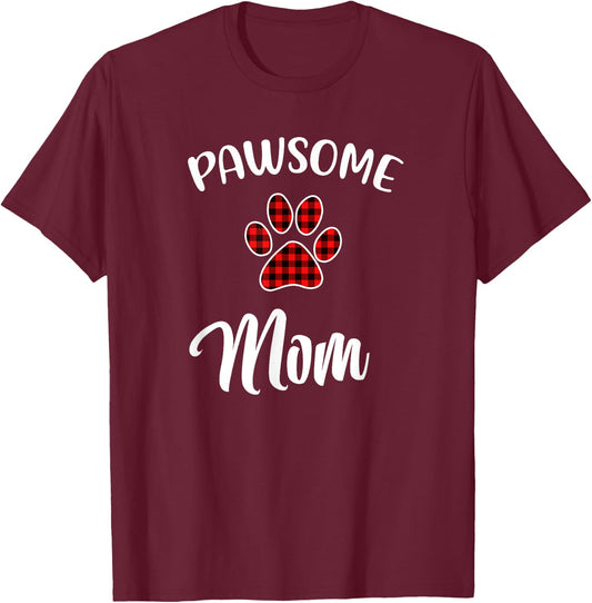 Dog Mom Paw Print Red Buffalo Plaid Matching Pajama Men Women T-Shirt - T-Shirt | Maroon