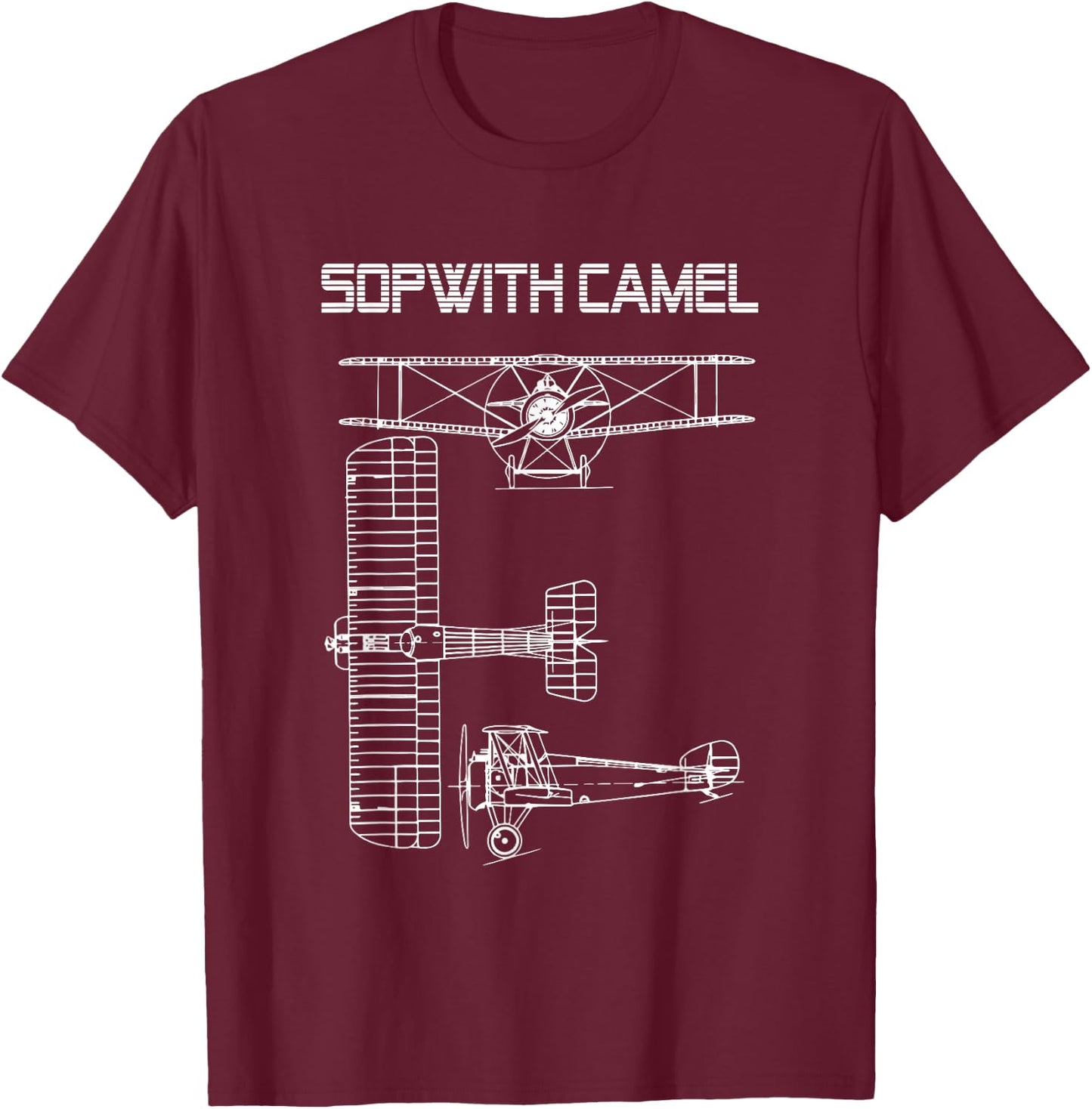 Sopwith Camel WW1 Plane Warbird Blueprint Schematics Diagram T-Shirt - T-Shirt | Maroon