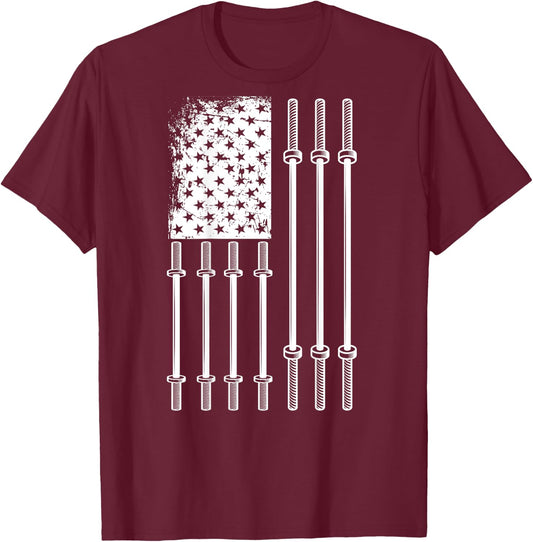 Barbell US Flag Weightlifting Patriotic Back Print Gym Women Kids Men T-Shirt - T-Shirt | Maroon