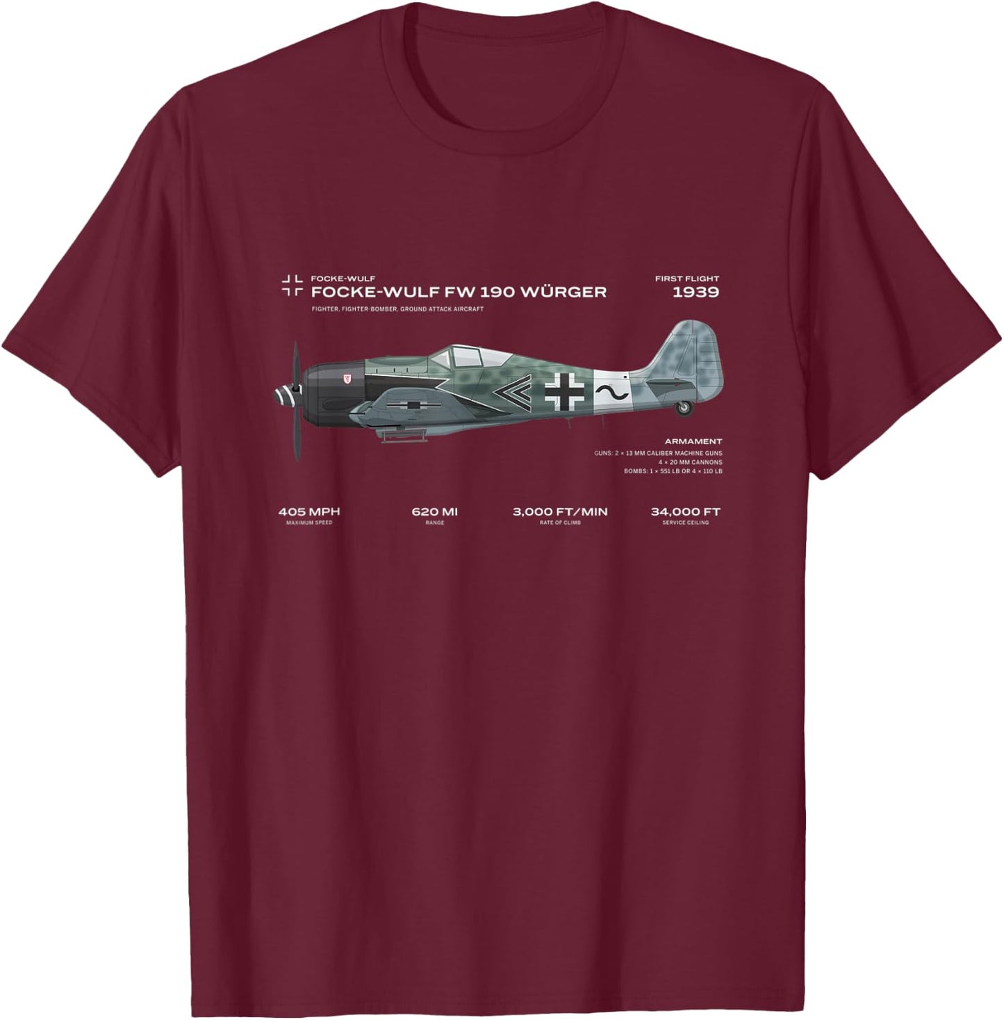 Focke Wulf Fw 190 WWII Airplane Historic War Bird Fighter T-Shirt - T-Shirt | Maroon