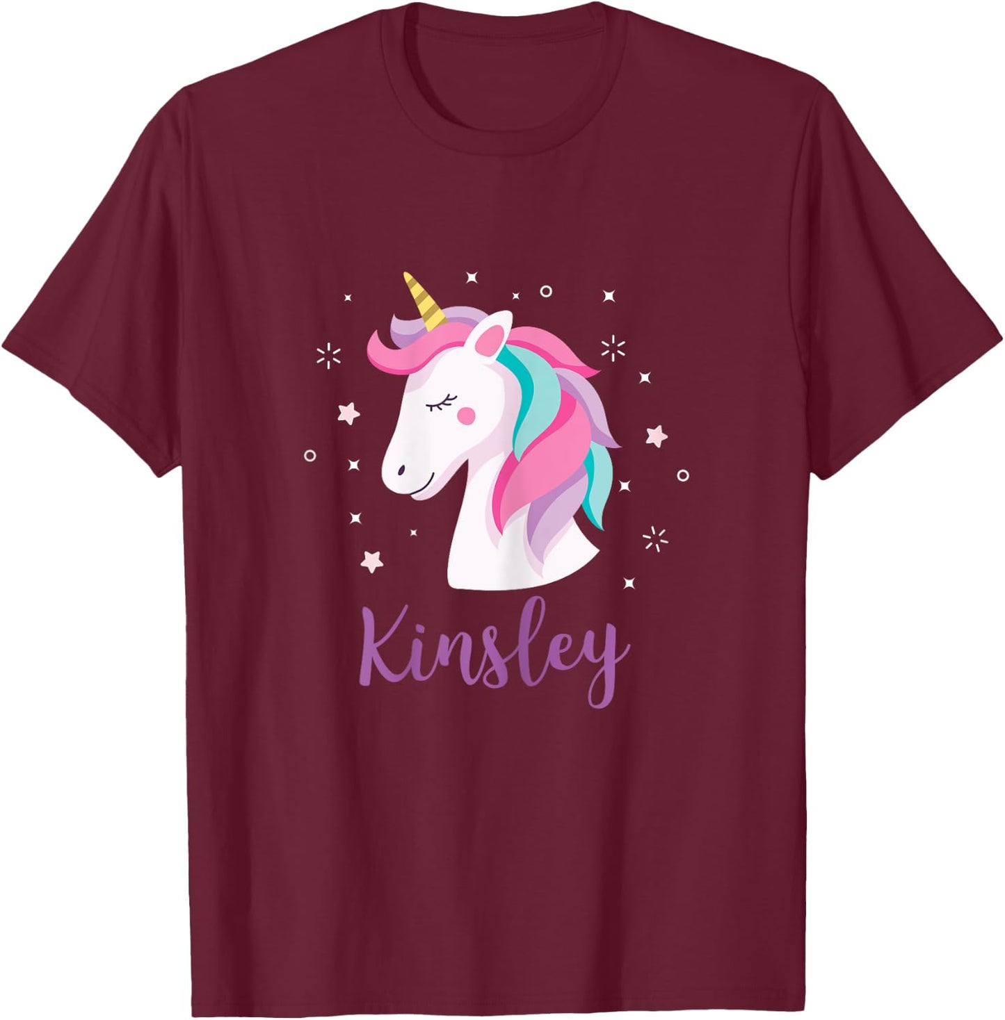 Cute Kinsley Unicorn Personalized Name Girls Gifts T-Shirt - T-Shirt | Maroon