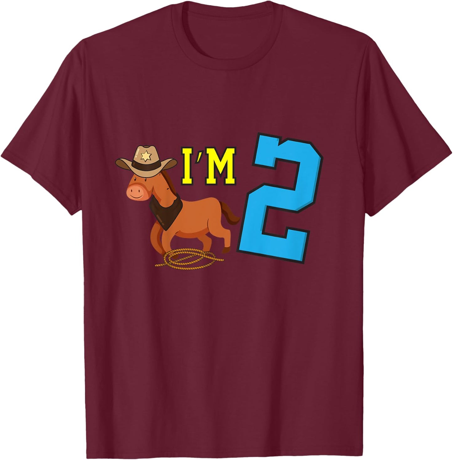 Kids I'm 2 Horse Funny Two Year Old Birthday Cowboy Horseback T-Shirt - T-Shirt | Maroon