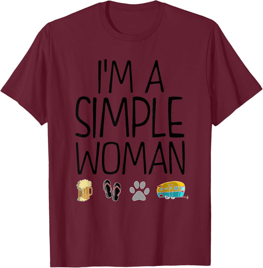 I'm A Simple Woman Gift Beer Dog Camping Flip Flop Lover T-Shirt - T-Shirt | Maroon