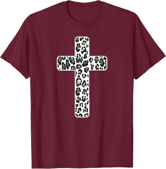 Leopard Print Christian Cross or T-Shirt - T-Shirt | Maroon
