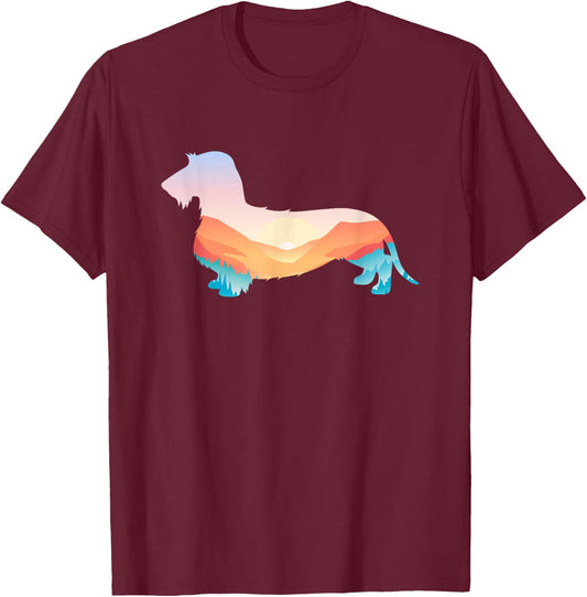 Wire Haired Dachshund Nature Hiking Dog Sunrise Adventure T-Shirt - T-Shirt | Maroon