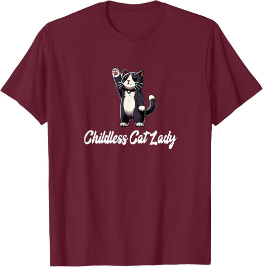 Childless Cat Lady -Tuxedo Cat Raising Paw- Funny Cute T-Shirt - T-Shirt | Maroon