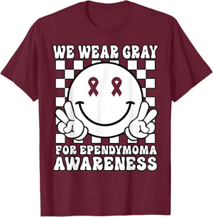 In May We Wear Gray Groovy Smile Face Ependymoma Awareness T-Shirt - T-Shirt | Maroon