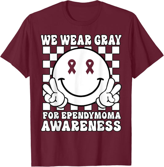 In May We Wear Gray Groovy Smile Face Ependymoma Awareness T-Shirt - T-Shirt | Maroon