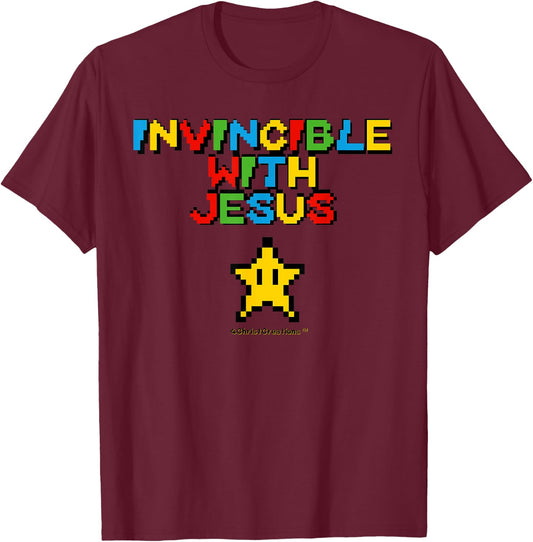 Invincible With Jesus Christian Gamer Inspiration & Faith T-Shirt - T-Shirt | Maroon