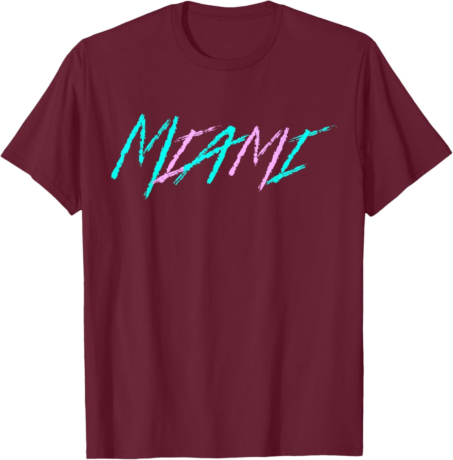 Classic 90's Teal and Pink Color Miami T-Shirt - T-Shirt | Maroon