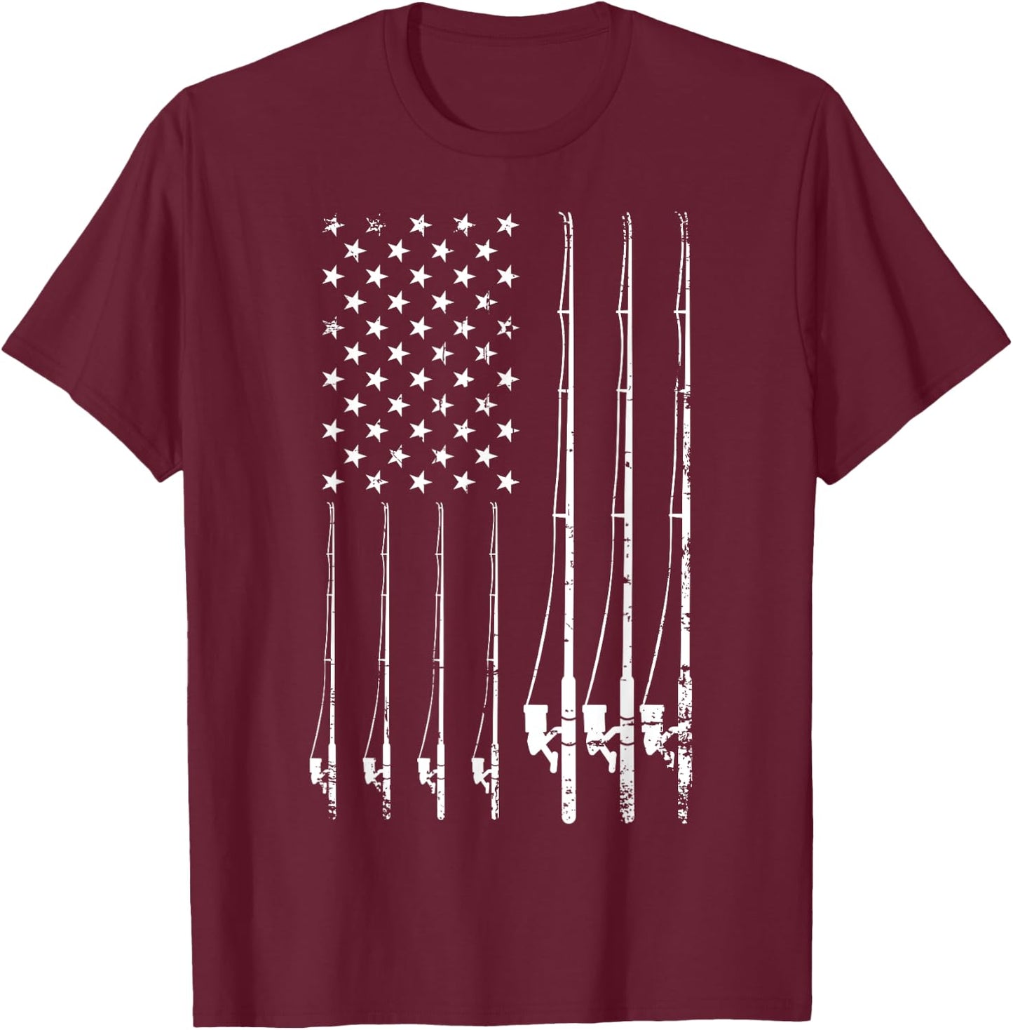 Fishing Gifts Fishing USA Black Adult Fishing Small Classic Fit Short Sleeve American Flag T-Shirt - T-Shirt | Maroon