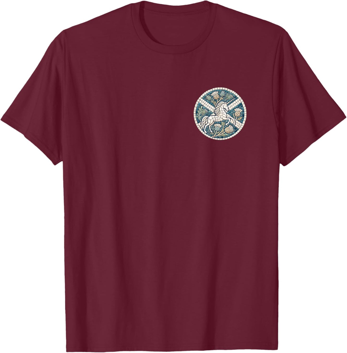 Scottish Unicorn w Thistles and Saltire - Proud Scotland T-Shirt - T-Shirt | Maroon