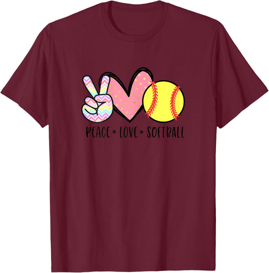 Peace Love Softball Mom Cute Pastel Women Teen Little Girls T-Shirt - T-Shirt | Maroon
