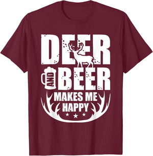Deer And Beer Makes Me Happy Hunting Gifts Funny Hunting T-Shirt - T-Shirt | Maroon