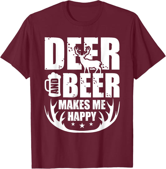 Deer And Beer Makes Me Happy Hunting Gifts Funny Hunting T-Shirt - T-Shirt | Maroon
