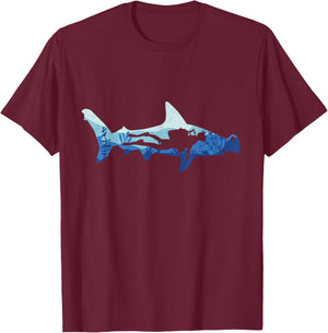 Hammerhead Shark Scuba Diver Silhouette Ocean Diving Graphic T-Shirt - T-Shirt | Maroon