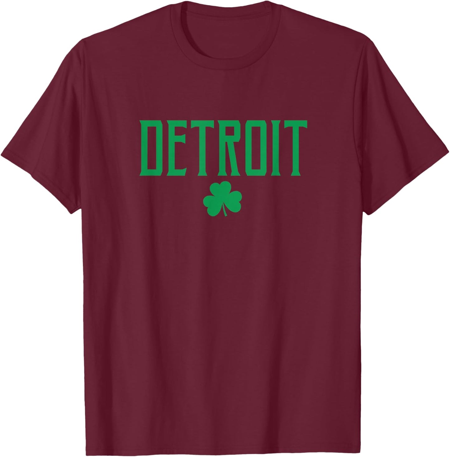 Detroit Text and Irish Shamrock Green Print T-Shirt - T-Shirt | Maroon