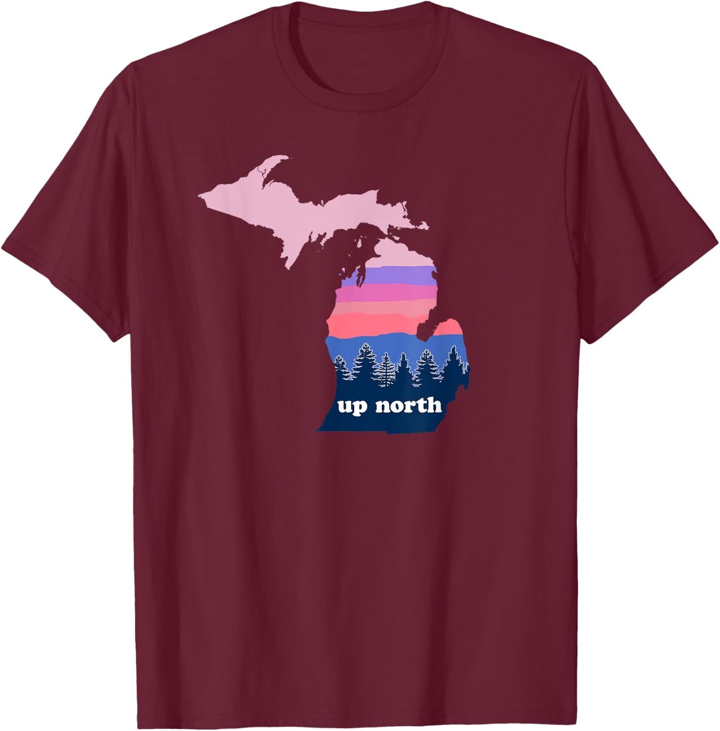 Up North Michigan Pine Tree Sunset T-Shirt - T-Shirt | Maroon