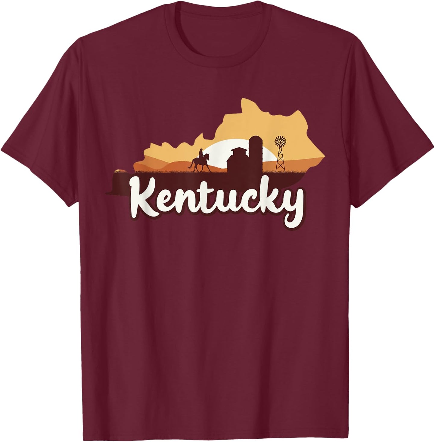 Kentucky Map Horse Riding Cowboy Barn Windmill KY Souvenir T-Shirt - T-Shirt | Maroon