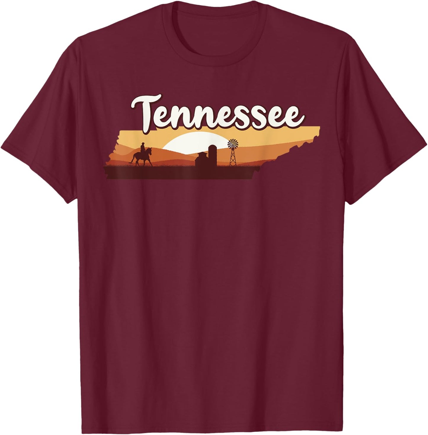 Cowboy Horse Riding Rodeo Barn Windmill Tennessee Map 70s T-Shirt - T-Shirt | Maroon