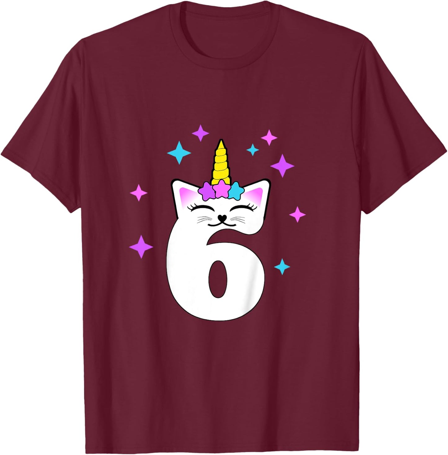 6 Year Old Cat Unicorn Caticorn 6th Birthday Party Girls T-Shirt - T-Shirt | Maroon
