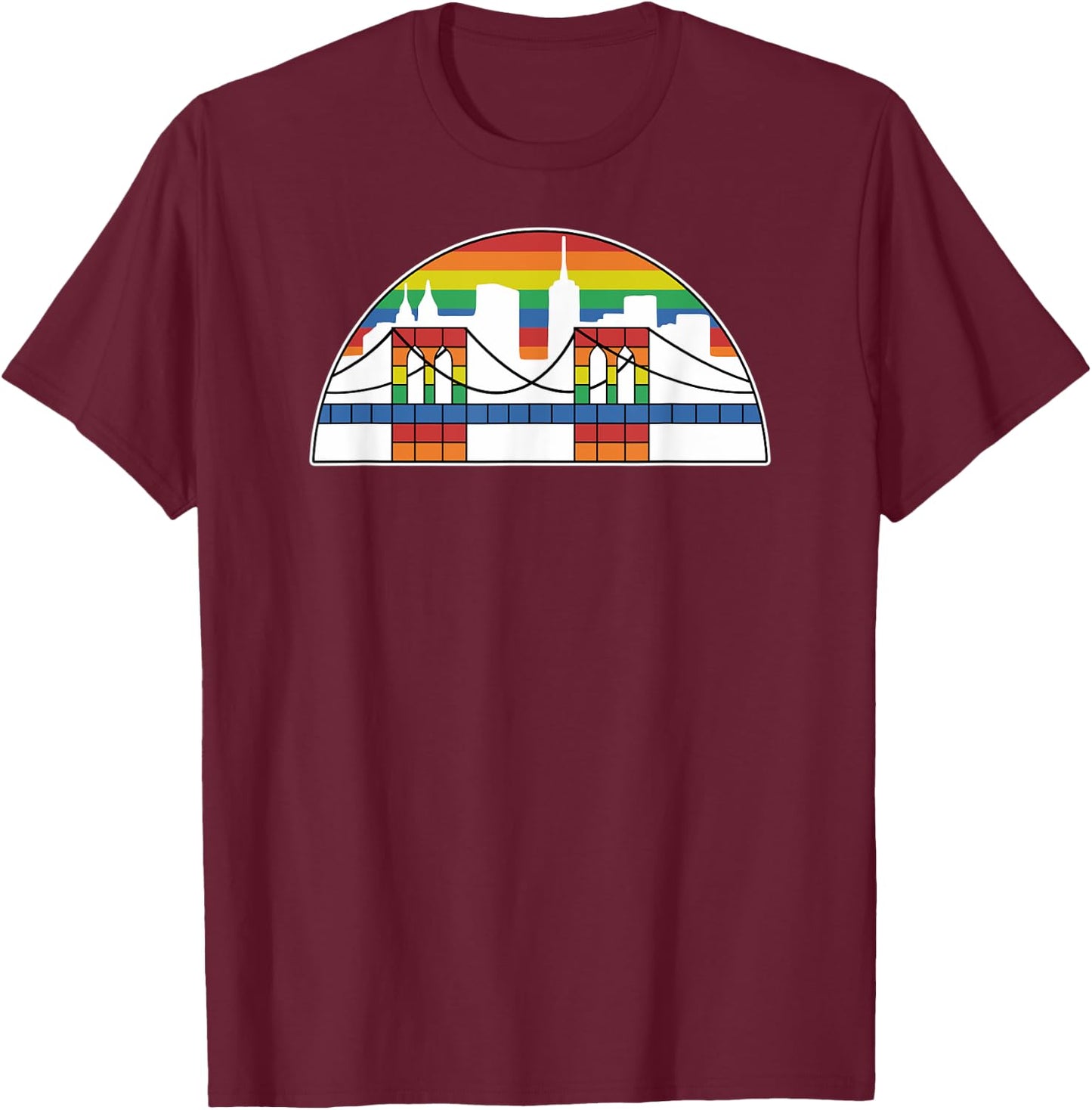 Brooklyn Bridge Rainbow Skyline Vintage Logo T-Shirt - T-Shirt | Maroon