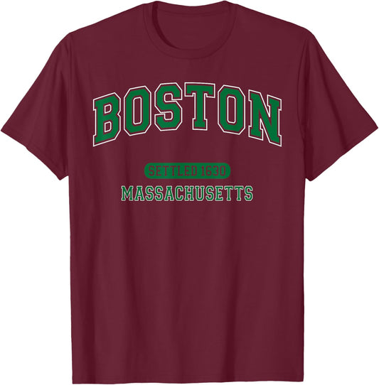 Boston Massachusetts Settled 1630 Vintage Sports Green T-Shirt - T-Shirt | Maroon