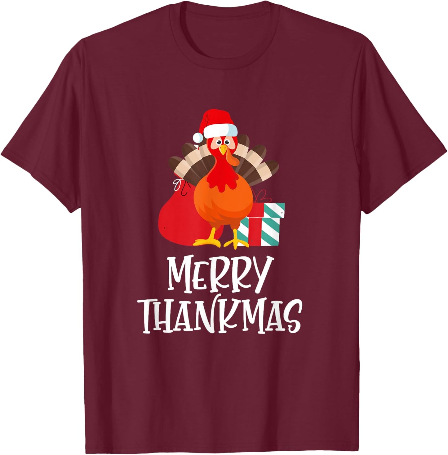 Merry Thanksmas Happy Thanksgiving Santa Turkey Gift T-Shirt - T-Shirt | Maroon