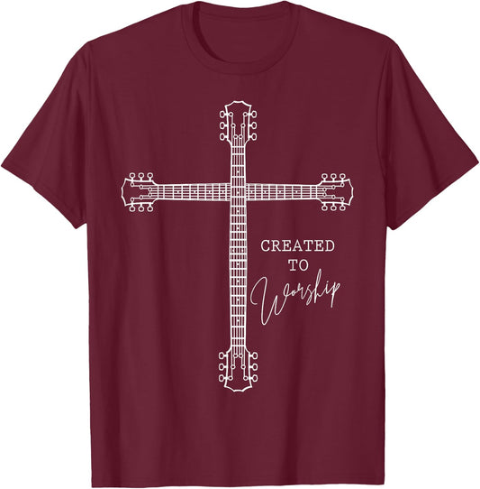 Christian Guitarist Shirt Created To Worship Musician T-Shirt - T-Shirt | Maroon