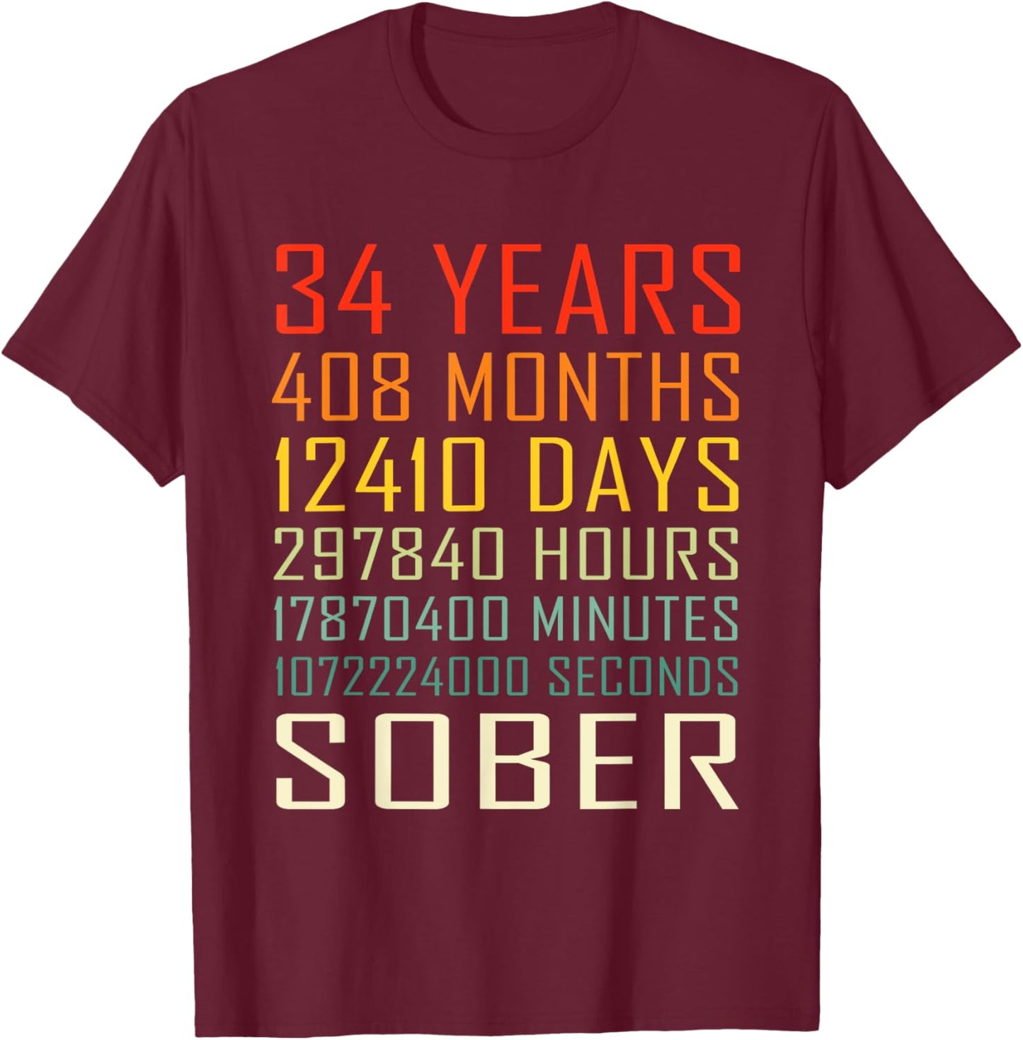 34 Year Sobriety Anniversary Vintage 34 Years Sober T-Shirt - T-Shirt | Maroon