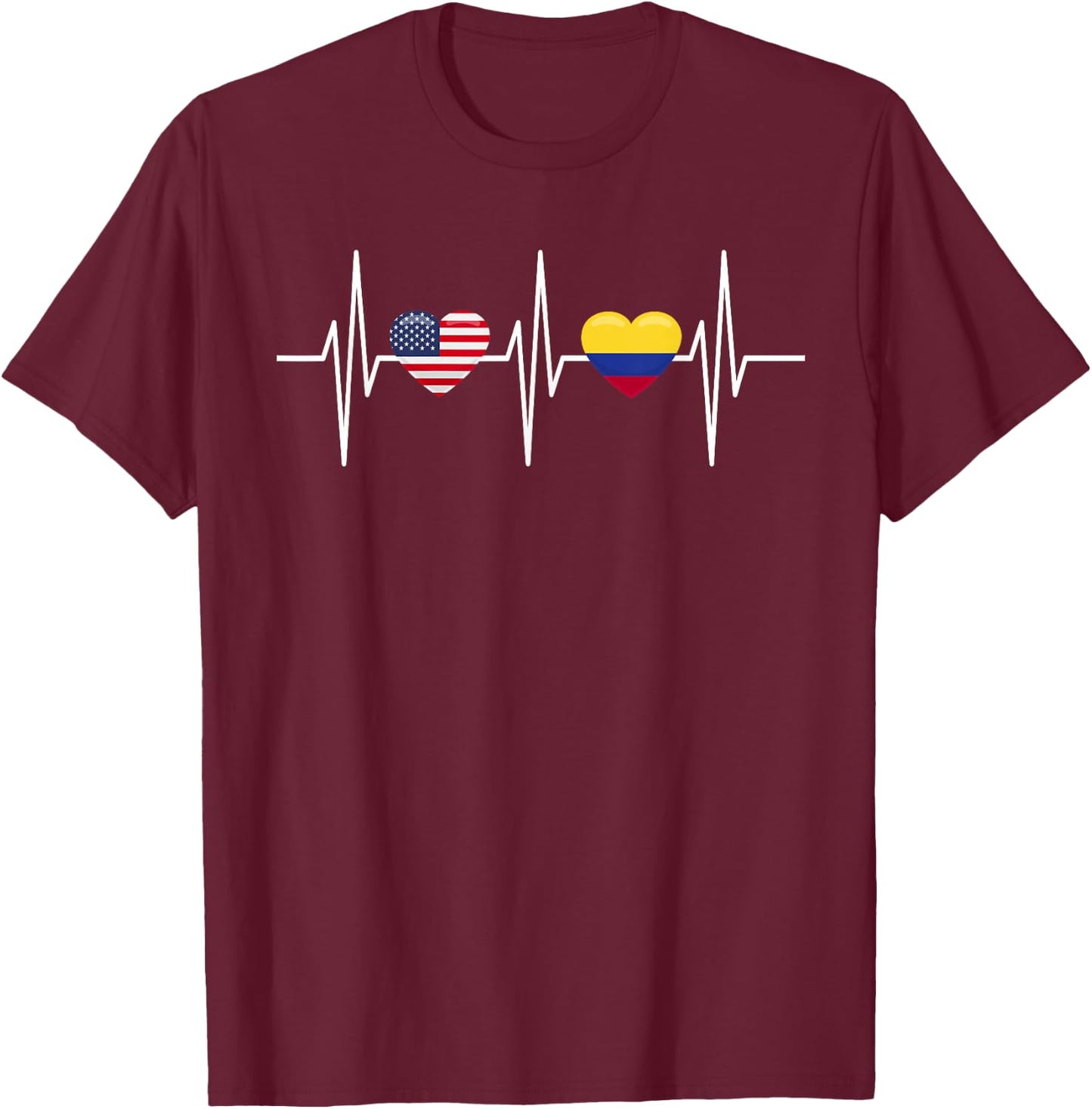 USA Colombia Shirt Heartbeat America Colombian Flag Heart T-Shirt - T-Shirt | Maroon