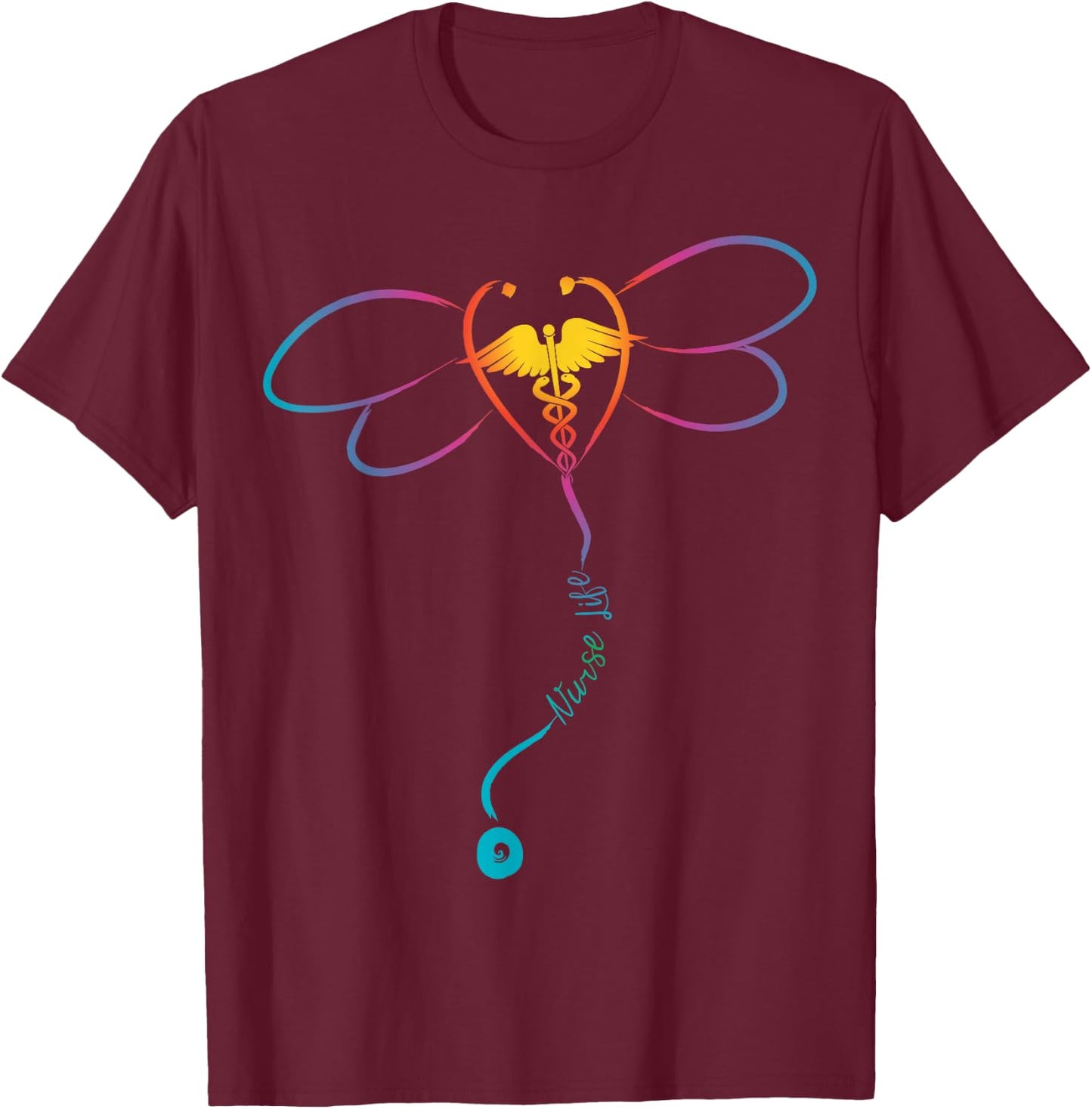 Nurse Life RN Colorful Dragonfly Stethoscope T-Shirt - T-Shirt | Maroon