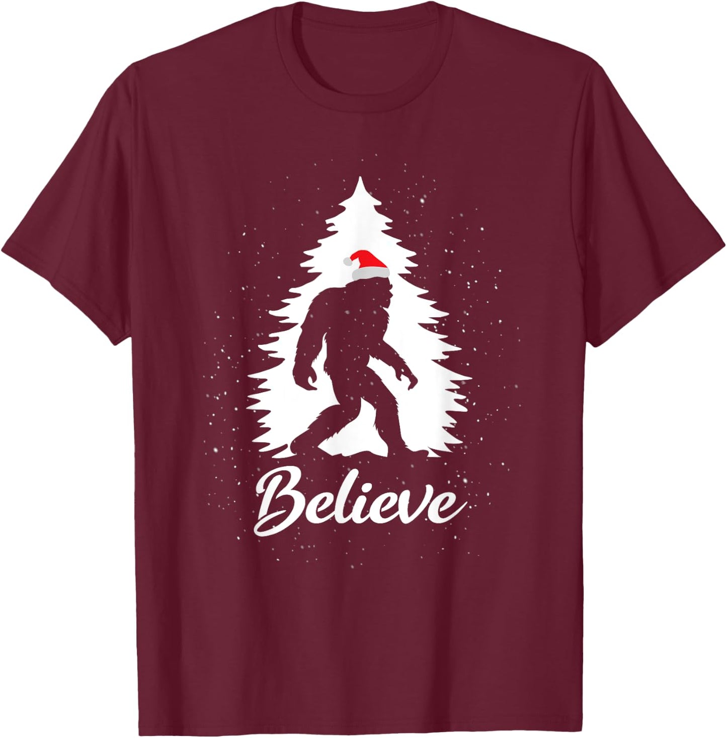 Bigfoot Sasquatch Santa Hat Believe Christmas Gift T-Shirt - T-Shirt | Maroon