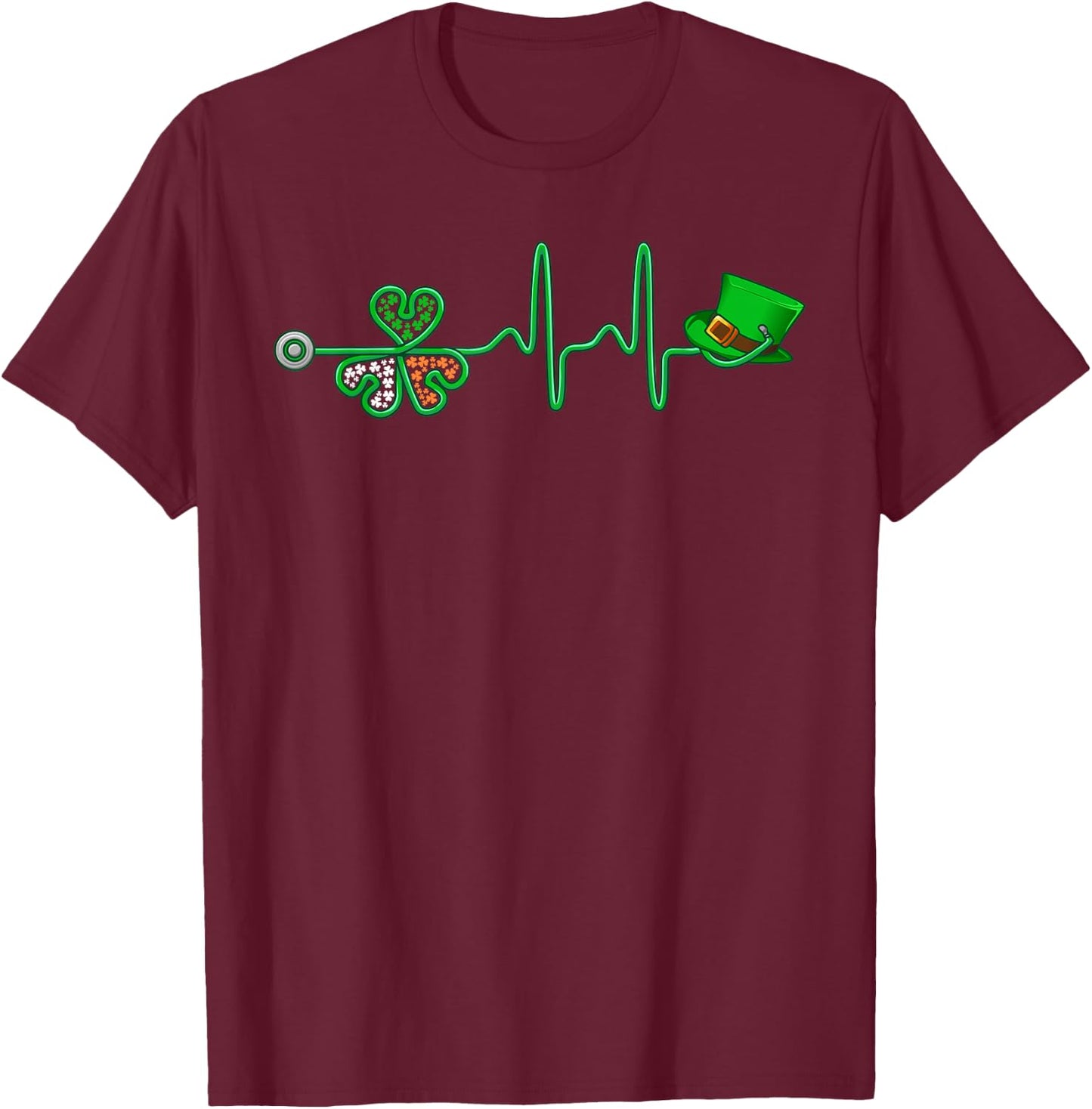 Irish Nurse Heartbeat Stethoscope Lucky St. Patricks Day T-Shirt - T-Shirt | Maroon