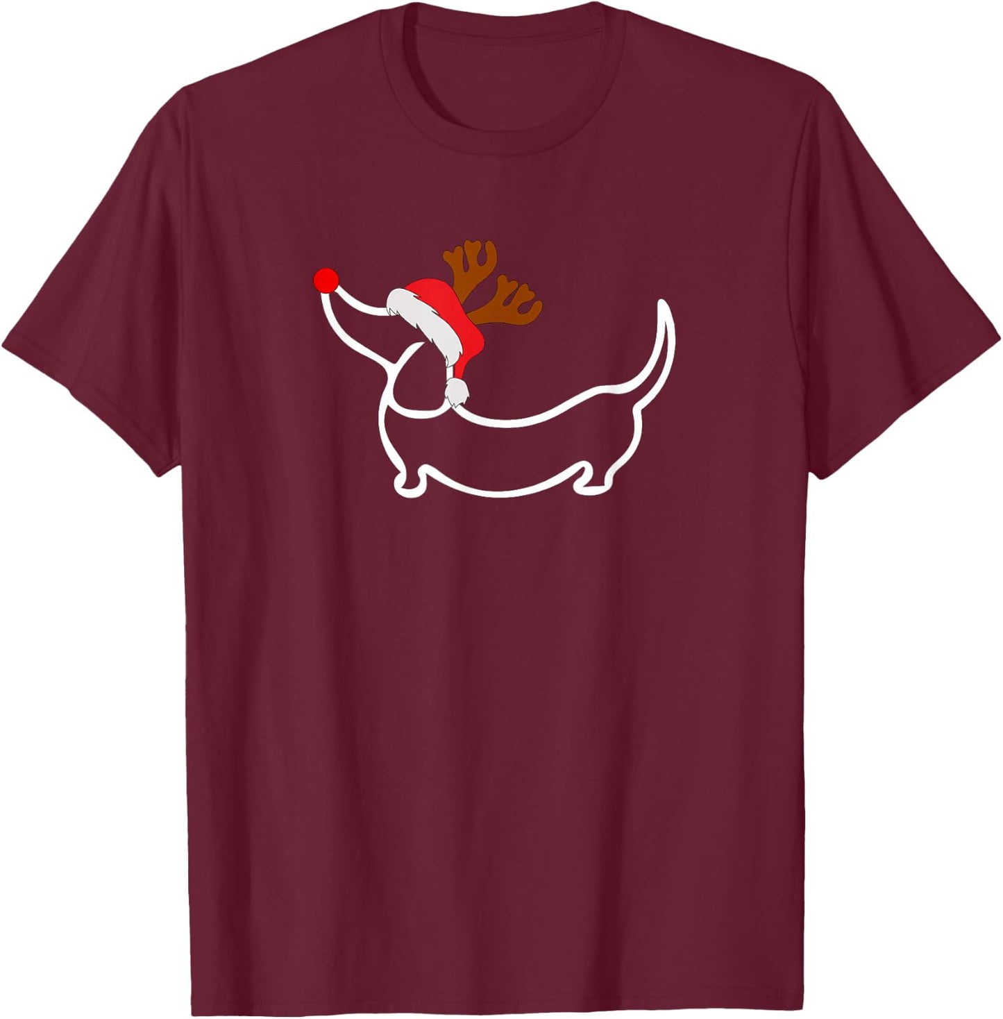 Christmas Dachshund Reindeer in Santa Hat T-Shirt - T-Shirt | Maroon