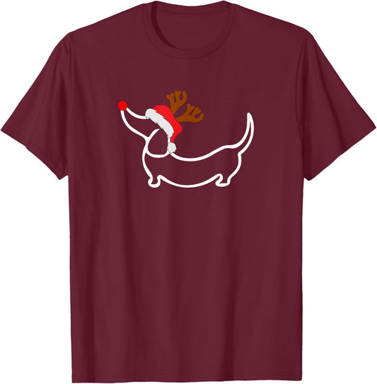 Christmas Dachshund Reindeer in Santa Hat T-Shirt - T-Shirt | Maroon