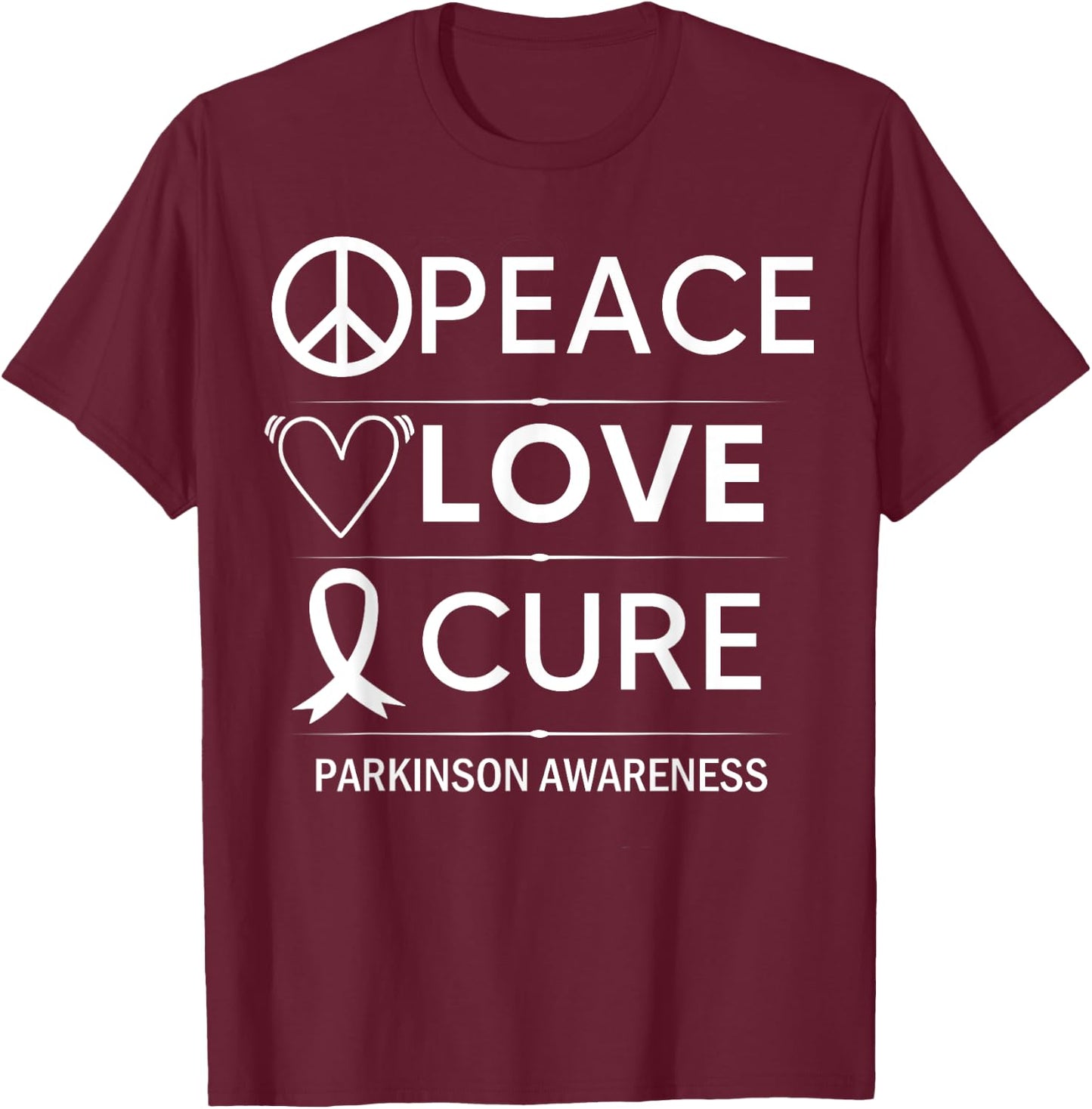 Parkinsons Disease Awareness Peace Love Cure Silver Ribbon T-Shirt - T-Shirt | Maroon