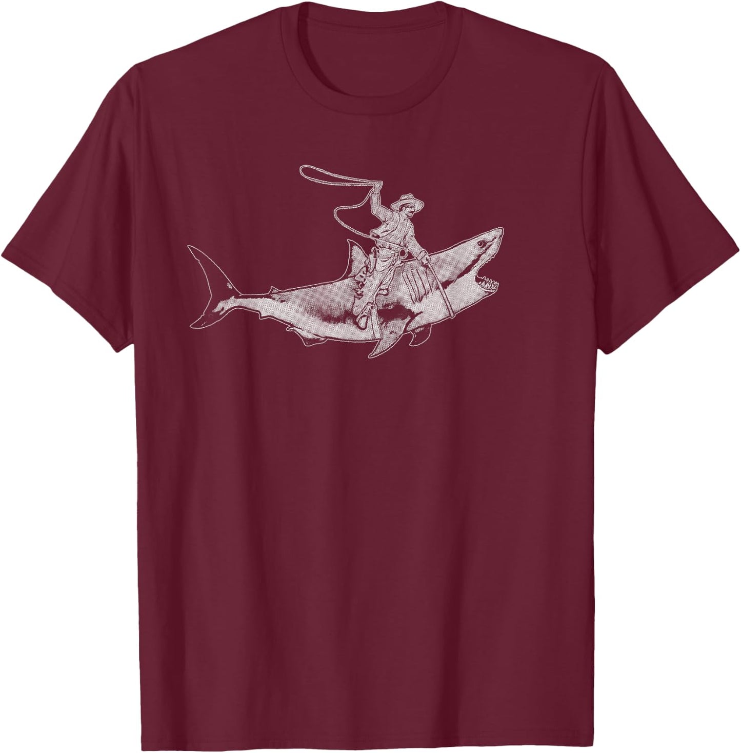Shark Lover Rodeo Cowboy Riding Great White Vintage Funny T-Shirt - T-Shirt | Maroon