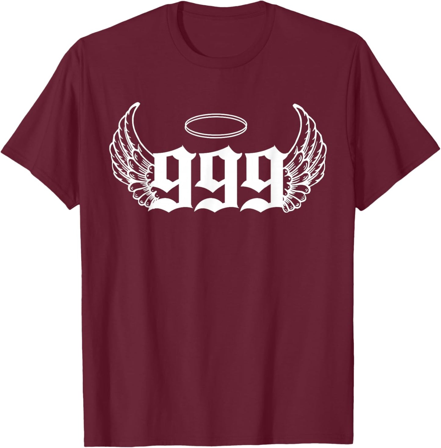 Urban Empyre 999 Angel Number - Adults, Black, Small, Short Sleeve, Modern, Astrology Theme with '999 Angel Number' Letter Print T-Shirt - T-Shirt | Maroon