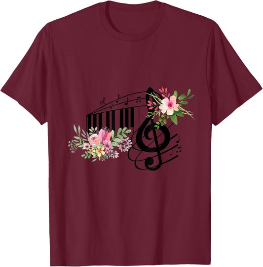 Cut Music Teacher Shirt with a Piano Keys, Notes and Flowers T-Shirt - T-Shirt | Maroon