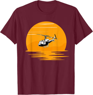 Sunset UH-1 Huey Helicopter Lover Gift Pilot Women Men T-Shirt - T-Shirt | Maroon