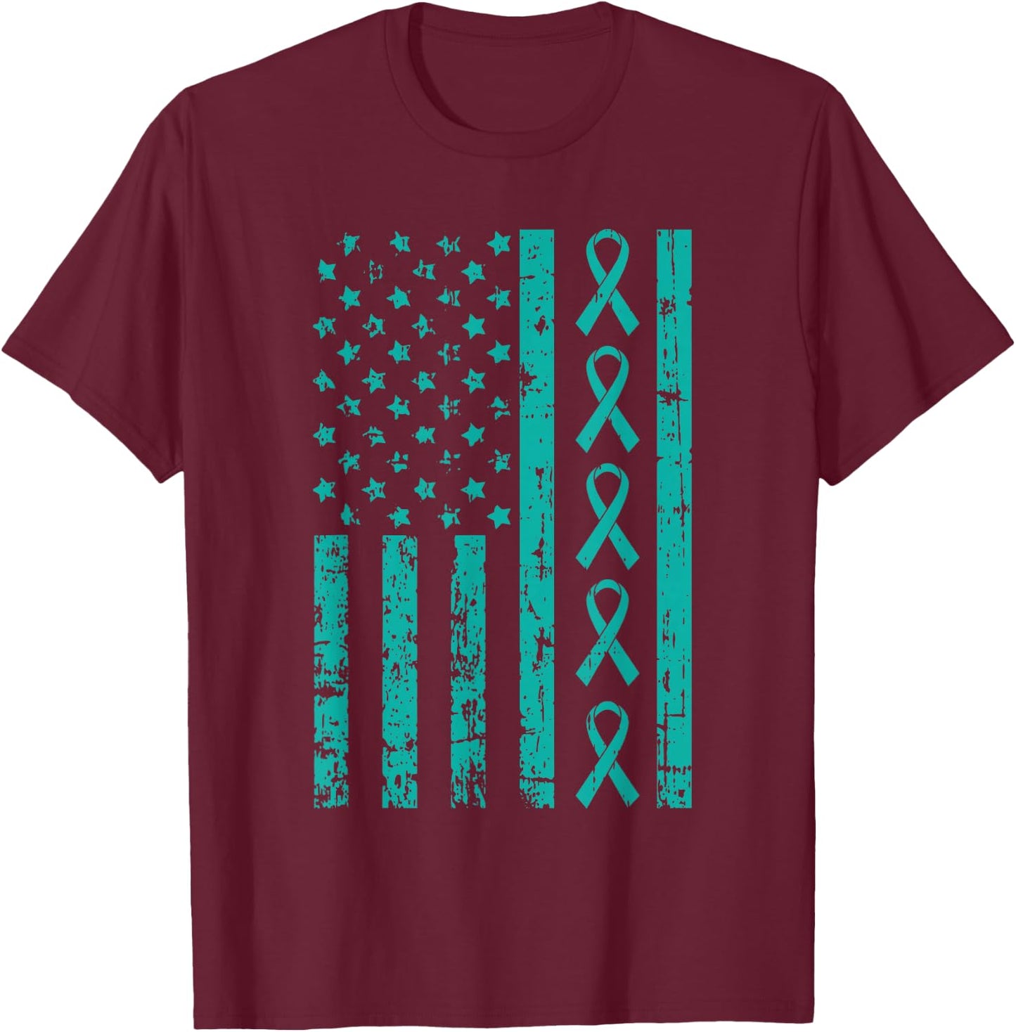 American Flag Teal Ribbon Cool Ovarian Cancer Awareness Gift T-Shirt - T-Shirt | Maroon