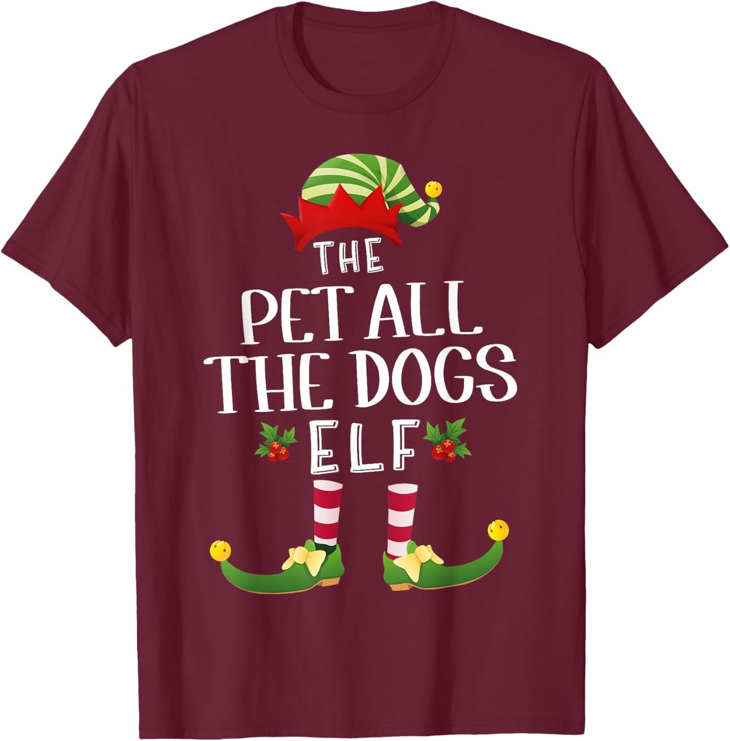 Pet All The Dogs Christmas Elf Matching Pajama X-Mas Party T-Shirt - T-Shirt | Maroon